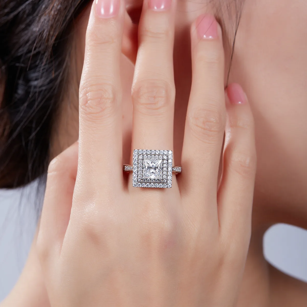 Luxury Pavé Square S925 White-Gold-Plated Silver Moissanite Wedding Band Women's Ring 2.0ct D