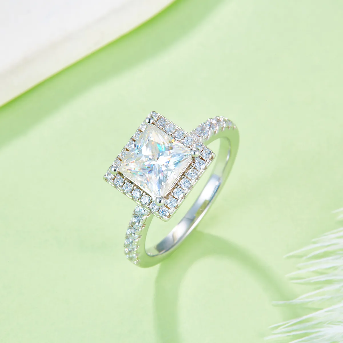 Light Luxury Square S925 White-Gold-Plated Silver Moissanite Wedding Band Women's Ring 2.0ct D
