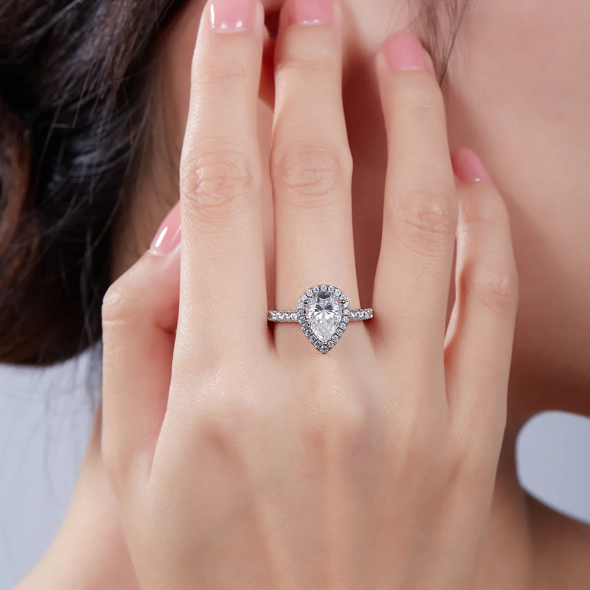 Light Luxury Pear S925 White-Gold-Plated Silver Moissanite Proposal Ring Women's Ring 2.0ct D