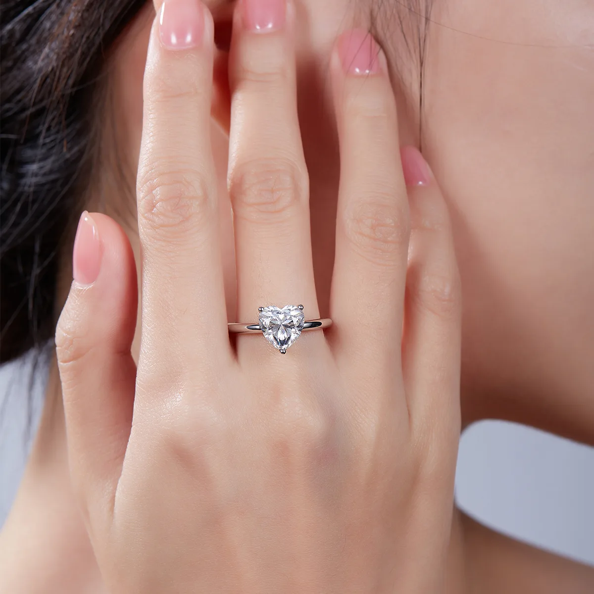 Classic Heart S925 White-Gold-Plated Silver Moissanite Wedding Band Women's Ring 3.0ct D
