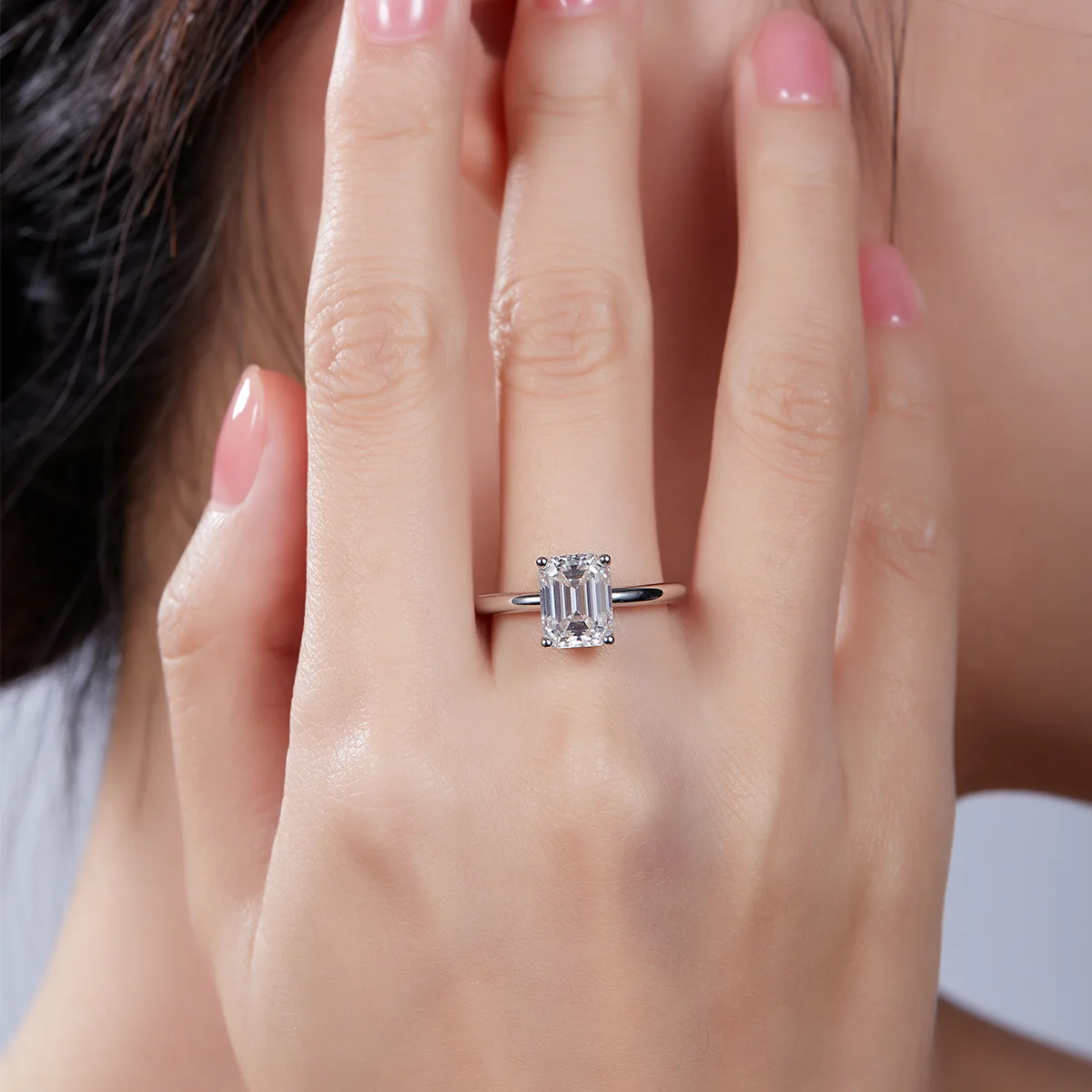 Classic Rectangle S925 White-Gold-Plated Silver Lab-Grown Diamond Engagement Ring Women's Ring 3.0ct D