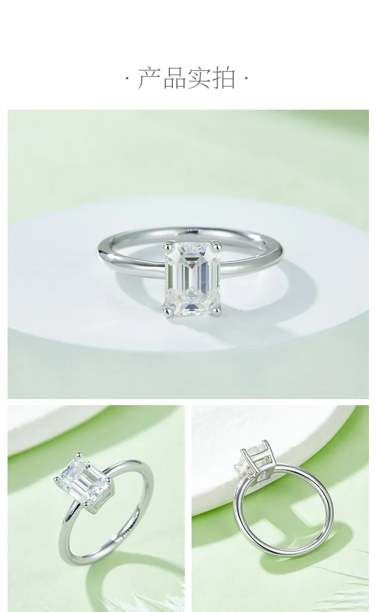 Classic Rectangle S925 White-Gold-Plated Silver Lab-Grown Diamond Engagement Rin