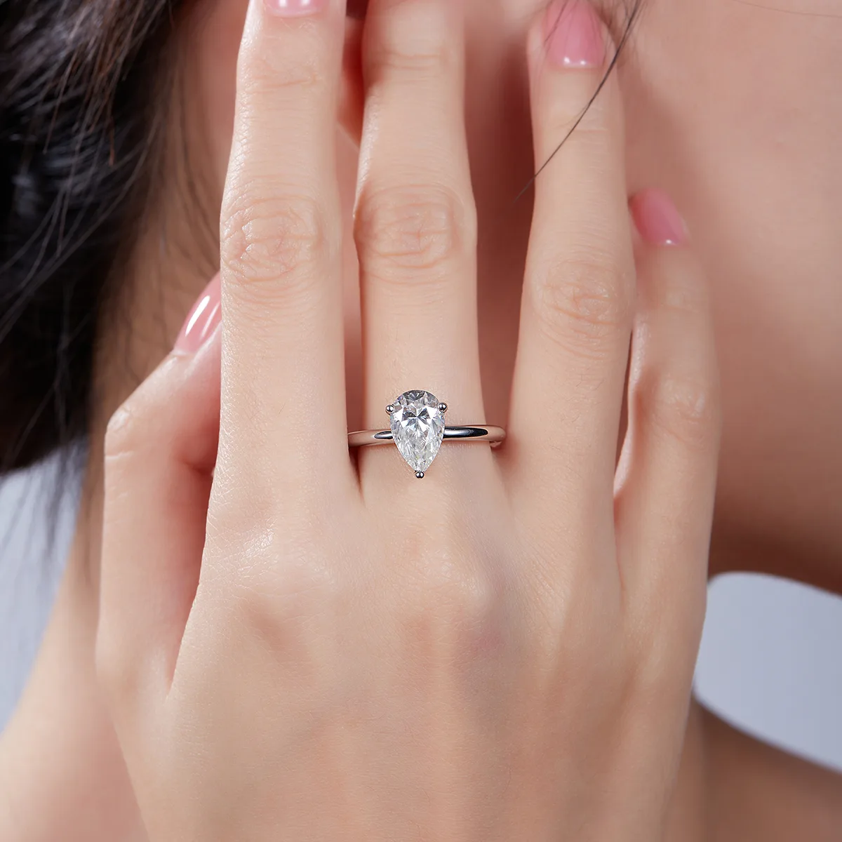 Classic Pear S925 White-Gold-Plated Silver Moissanite Wedding Band Women's Ring 3.0ct D