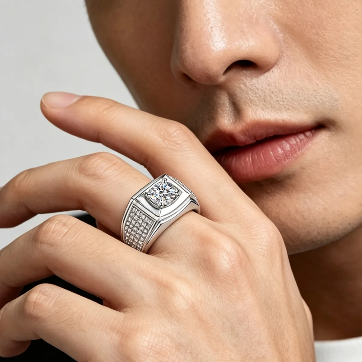 S925 White-Gold-Plated Silver Lab-Grown Diamond Men's Ring 1ct D - P71A