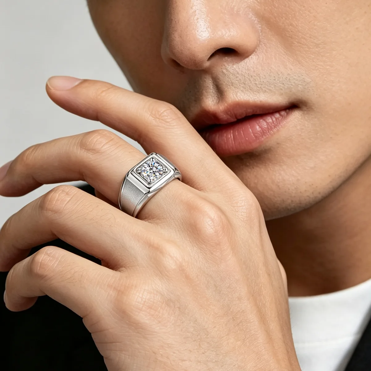 S925 White-Gold-Plated Silver Lab-Grown Diamond Men's Ring 1ct D