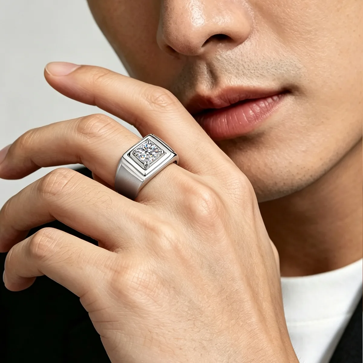 S925 White-Gold-Plated Silver Lab-Grown Diamond Men's Ring 1ct D - P73A