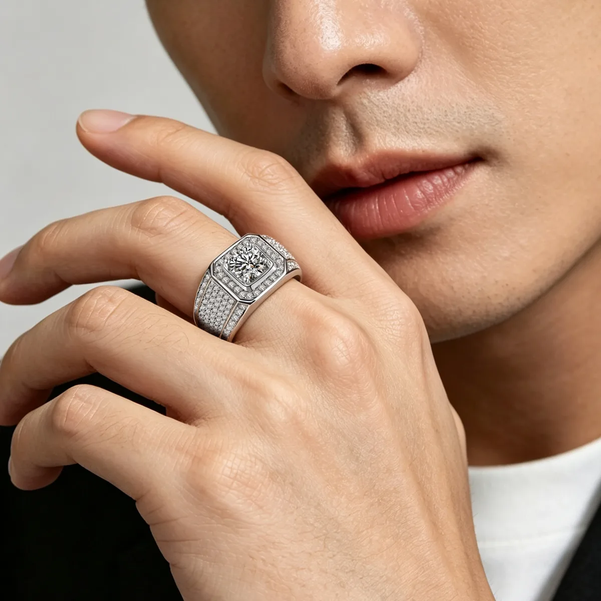 S925 White-Gold-Plated Silver Lab-Grown Diamond Men's Ring 1ct D - P76A
