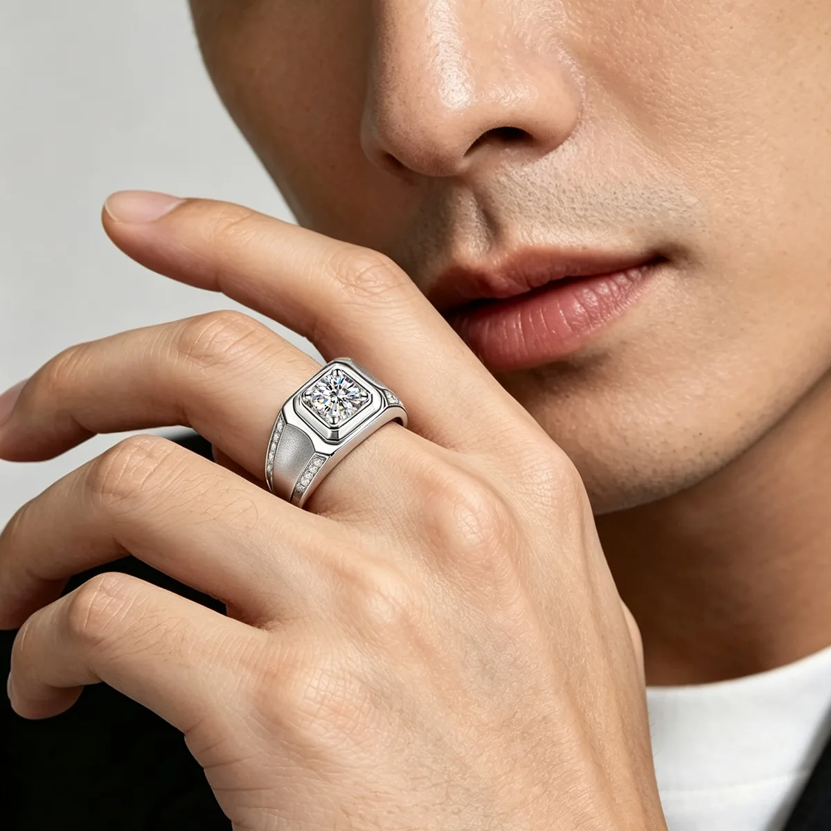 S925 White-Gold-Plated Silver Lab-Grown Diamond Men's Ring 1ct D - P81A