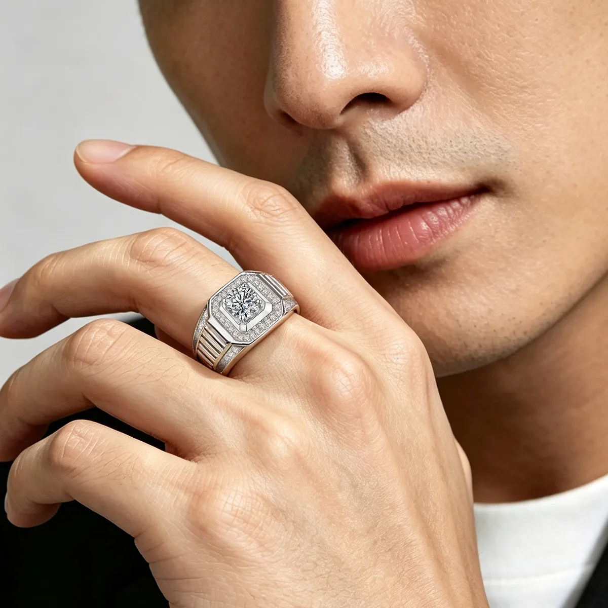 S925 White-Gold-Plated Silver Lab-Grown Diamond Men's Ring 1ct D