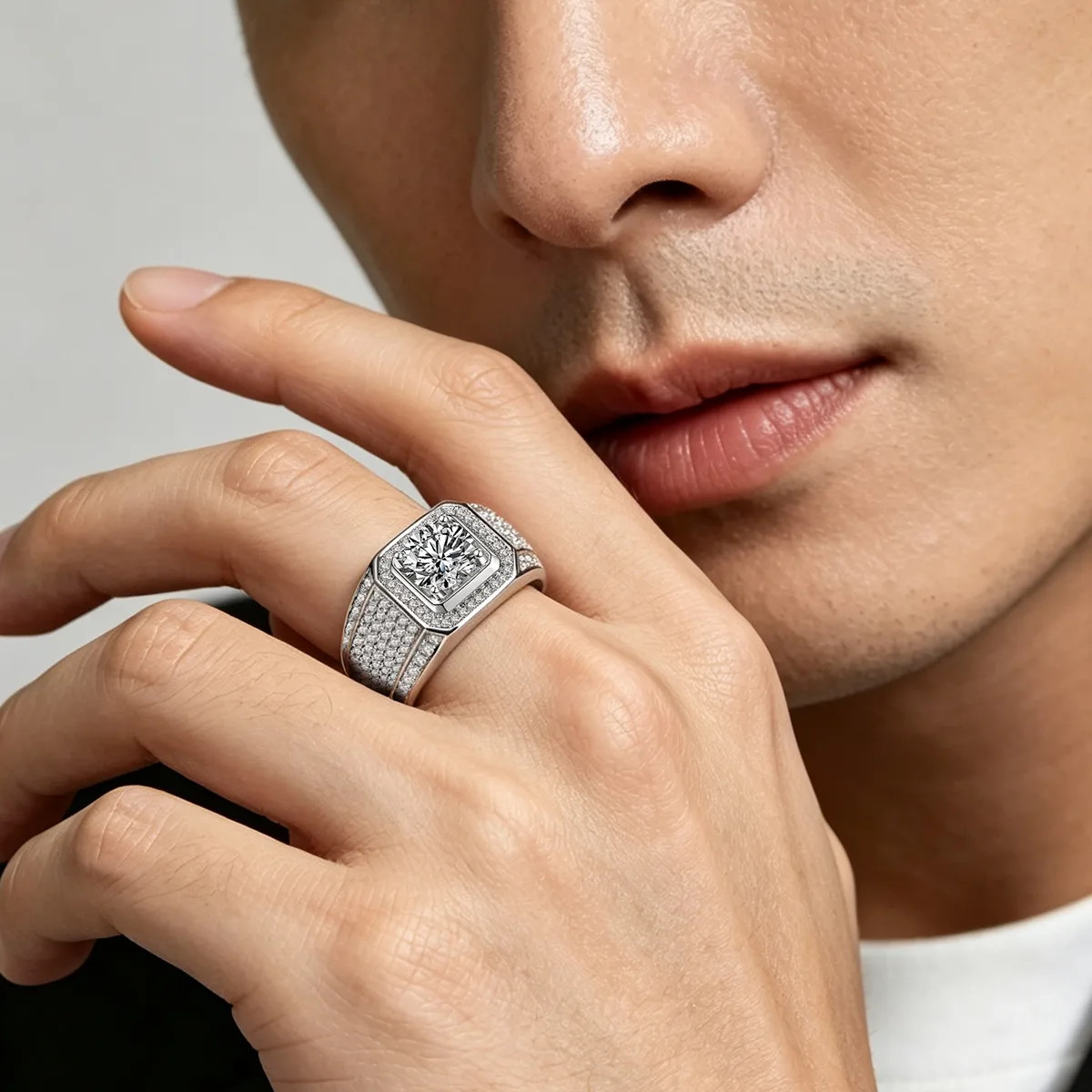 S925 White-Gold-Plated Silver Lab-Grown Diamond Men's Ring 3ct D