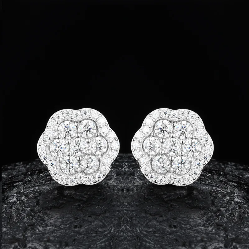 TQE0232 Silver 18K Gold Full Pavé Moissanite Flower Hip-Hop Stud Earrings 2.54ct