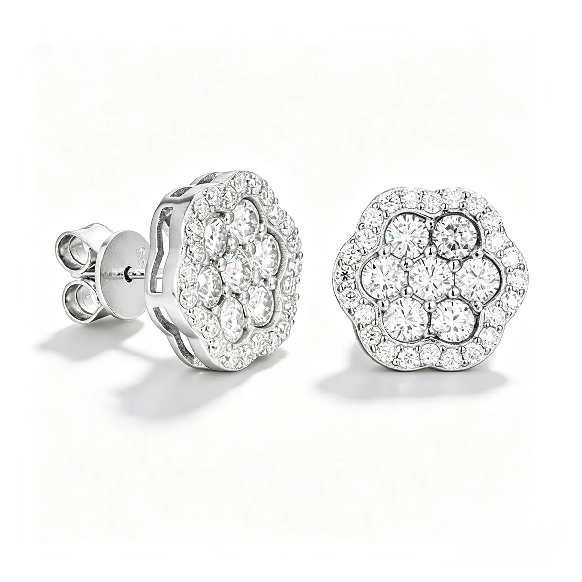TQE0232 Silver 18K Gold Full Pavé Moissanite Flower Hip-Hop Stud Earrings 2.54ct