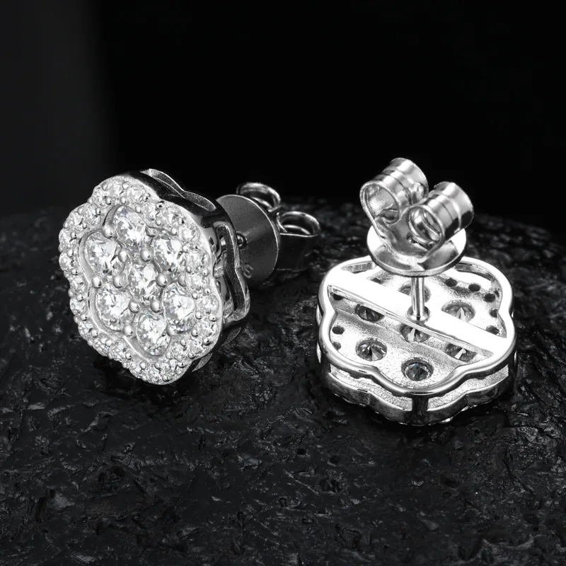 TQE0232 Silver 18K Gold Full Pavé Moissanite Flower Hip-Hop Stud Earrings 2.54ct