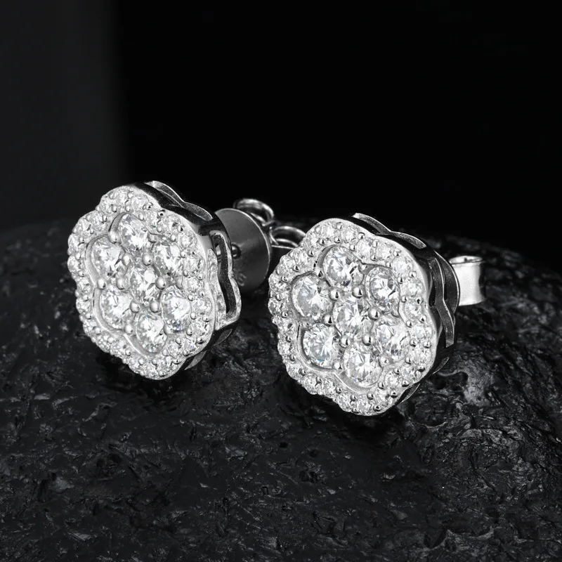 TQE0232 Silver 18K Gold Full Pavé Moissanite Flower Hip-Hop Stud Earrings 2.54ct