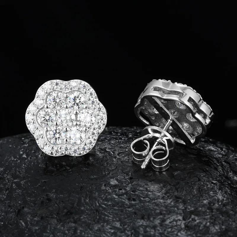 TQE0232 Silver 18K Gold Full Pavé Moissanite Flower Hip-Hop Stud Earrings 2.54ct