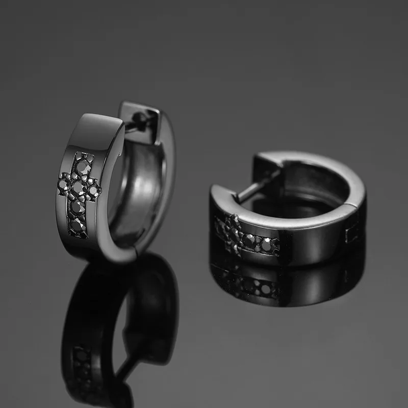 TQE0170 Silver 18K Black Gold Cross Black Moissanite Hip-Hop Ear 0.18ct