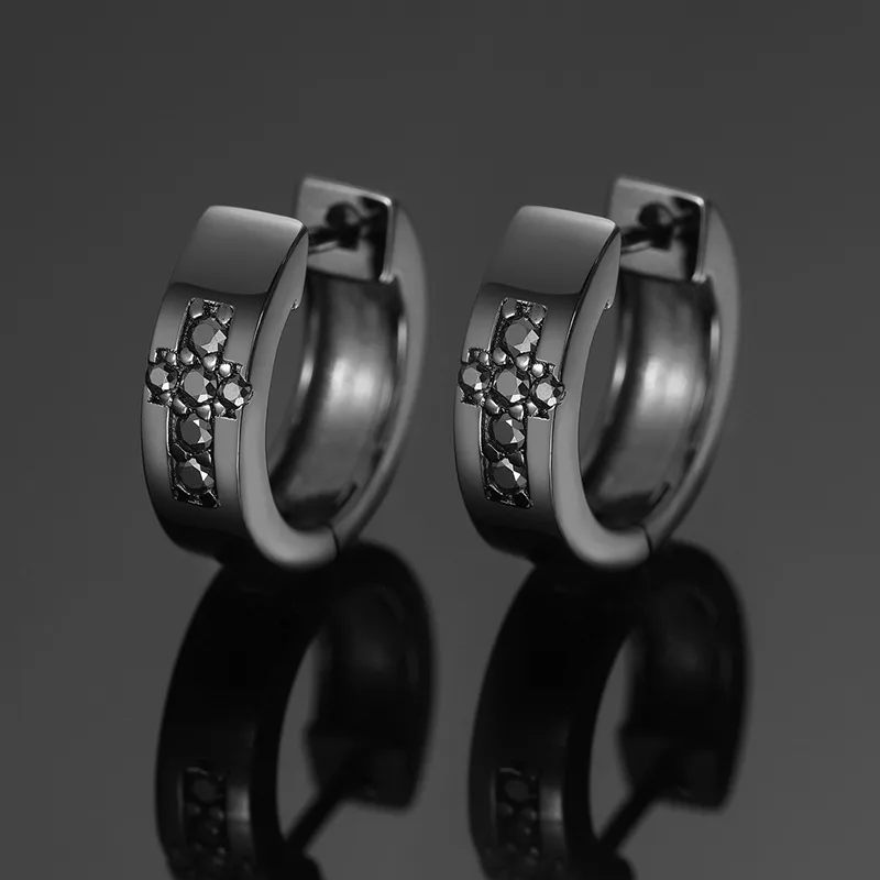 TQE0170 Silver 18K Black Gold Cross Black Moissanite Hip-Hop Ear 0.18ct