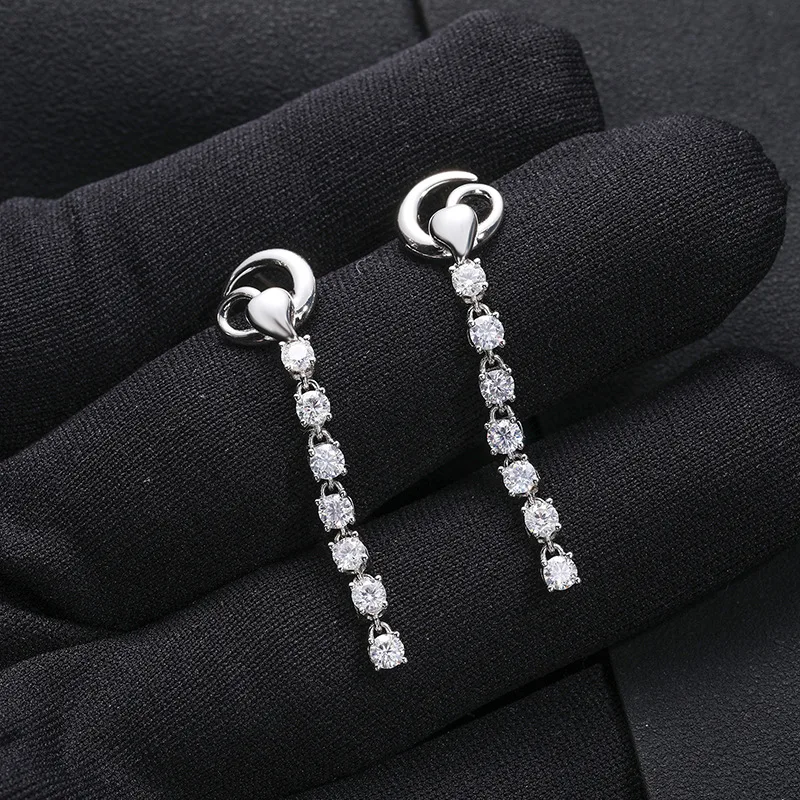 TQE0090 Silver 18K Gold Moissanite Tassel Stud Earrings 1.8ct