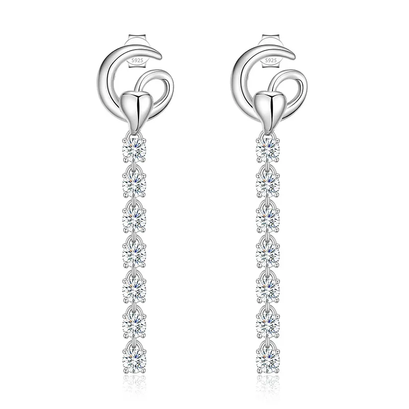 TQE0090 Silver 18K Gold Moissanite Tassel Stud Earrings 1.8ct