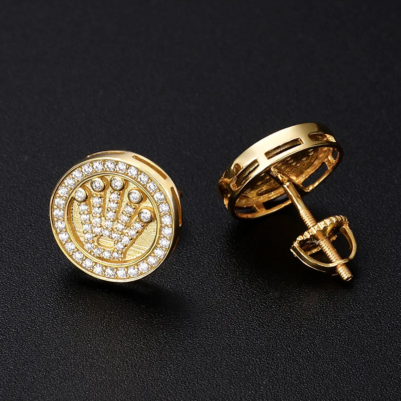 TQE0025 Silver 18K Gold Moissanite Crown Hip-Hop Stud Earrings 0.3ct