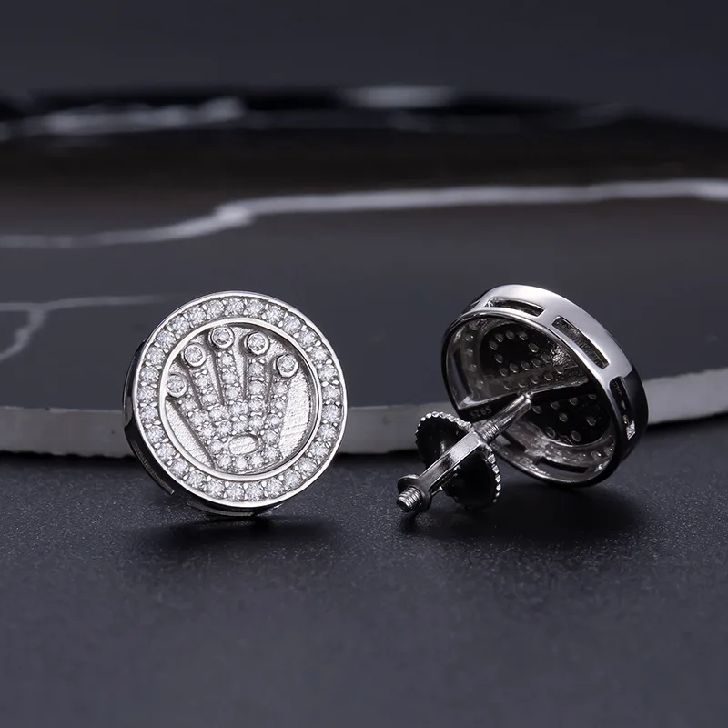 TQE0025 Silver 18K Gold Moissanite Crown Hip-Hop Stud Earrings 0.3ct