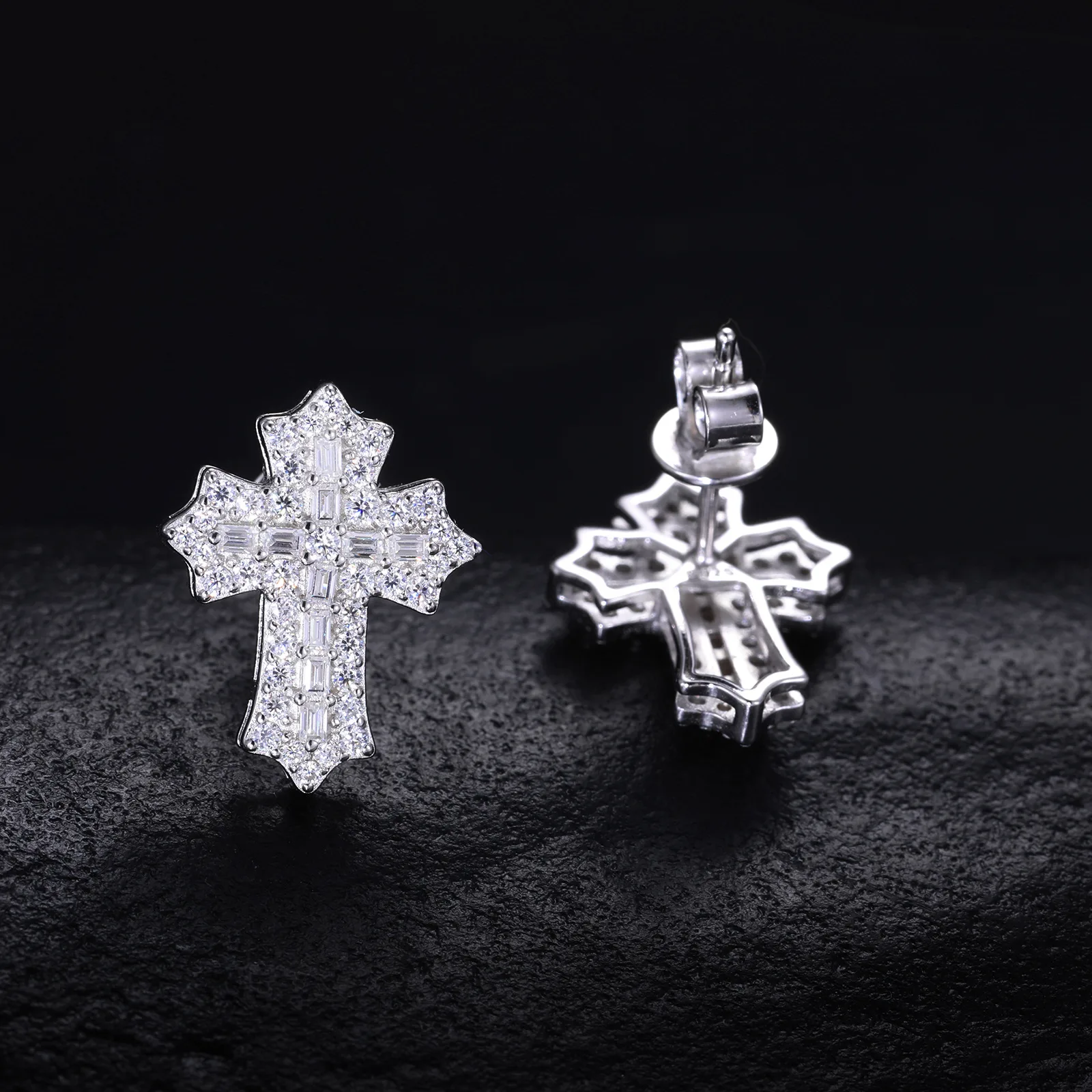 TQE0280 Silver 18K Gold Full Pavé Moissanite Cross Hip-Hop Stud Earrings 0.78ct