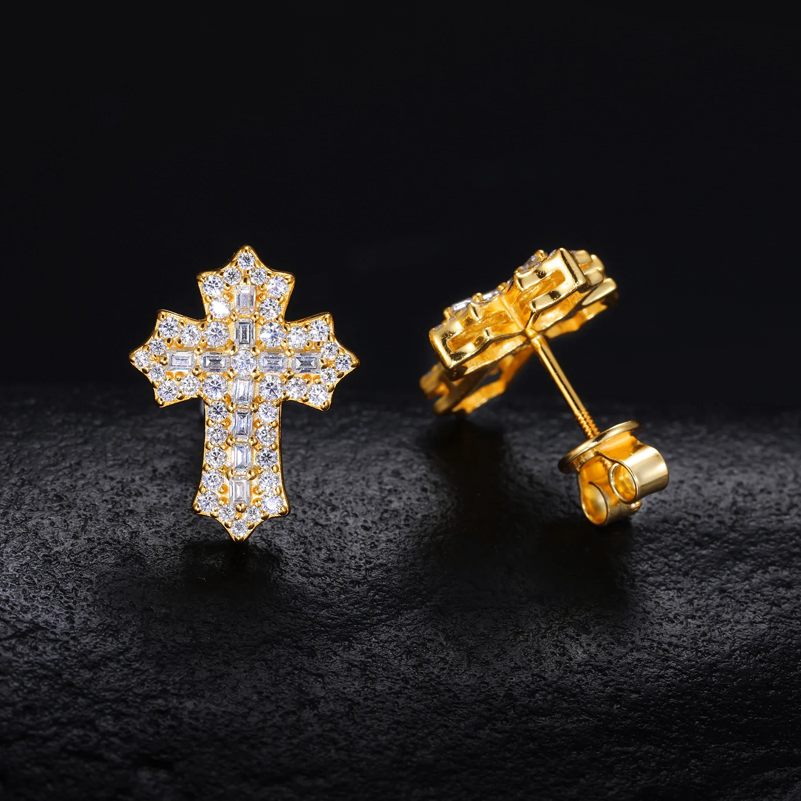TQE0280 Silver 18K Gold Full Pavé Moissanite Cross Hip-Hop Stud Earrings 0.78ct