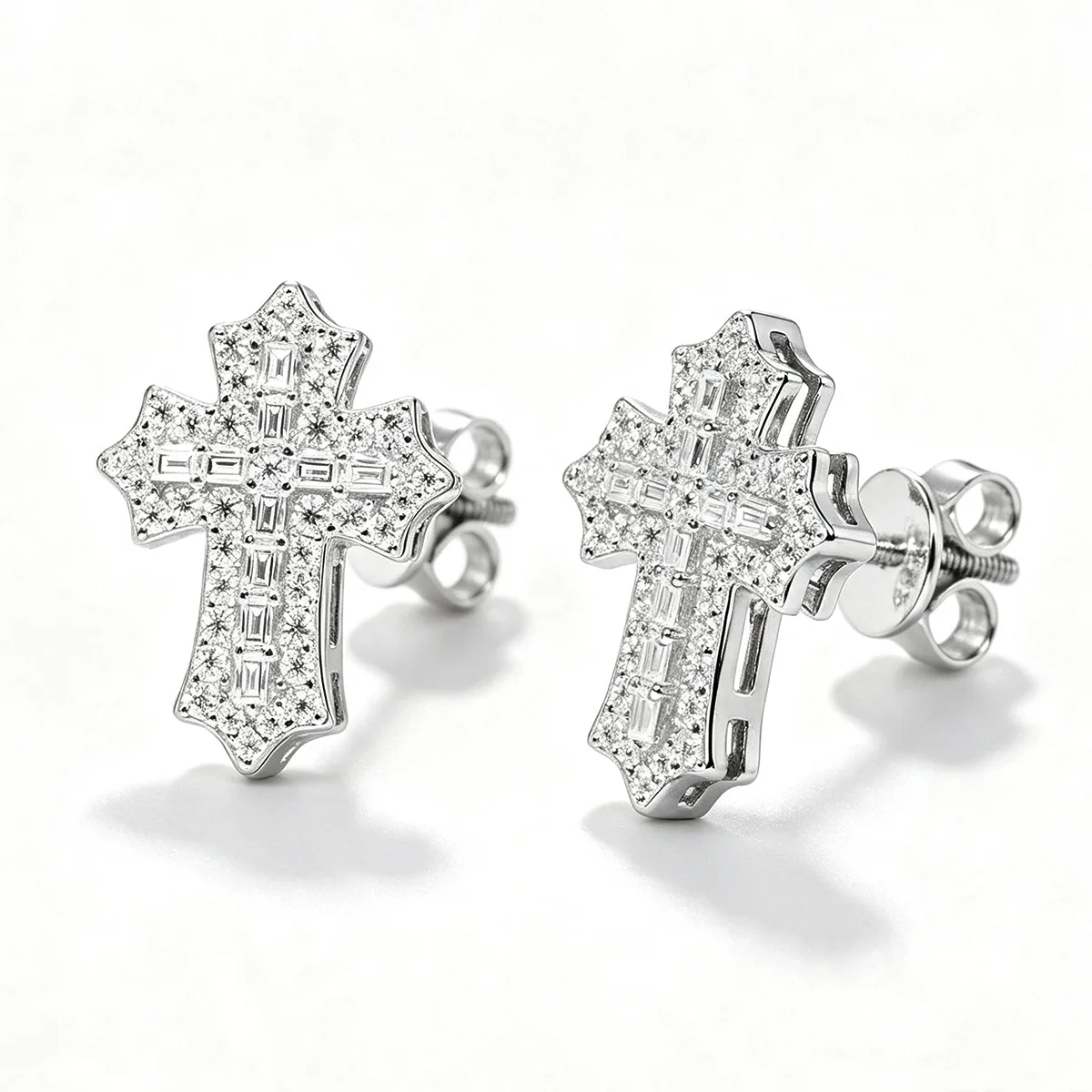 TQE0280 Silver 18K Gold Full Pavé Moissanite Cross Hip-Hop Stud Earrings 0.78ct