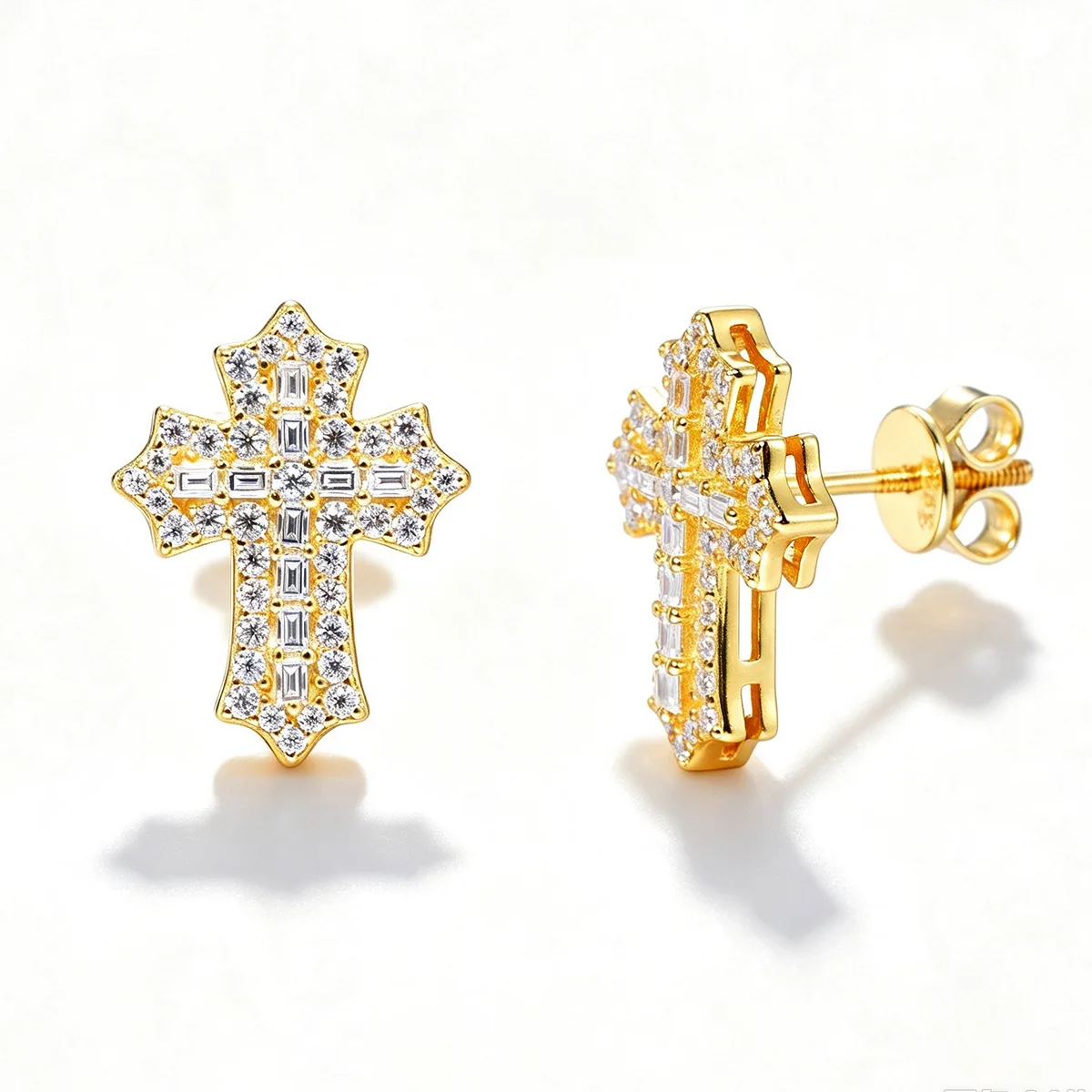 TQE0280 Silver 18K Gold Full Pavé Moissanite Cross Hip-Hop Stud Earrings 0.78ct