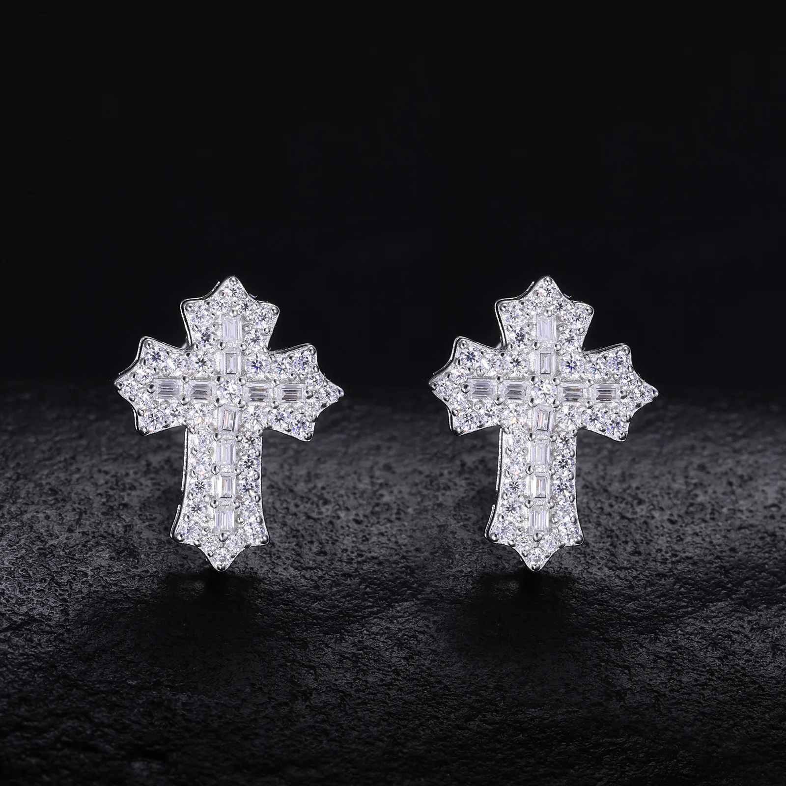 TQE0280 Silver 18K Gold Full Pavé Moissanite Cross Hip-Hop Stud Earrings 0.78ct