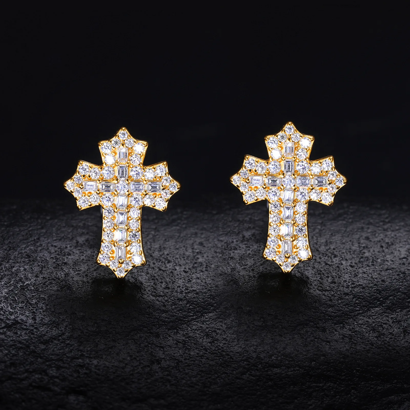 TQE0280 Silver 18K Gold Full Pavé Moissanite Cross Hip-Hop Stud Earrings 0.78ct