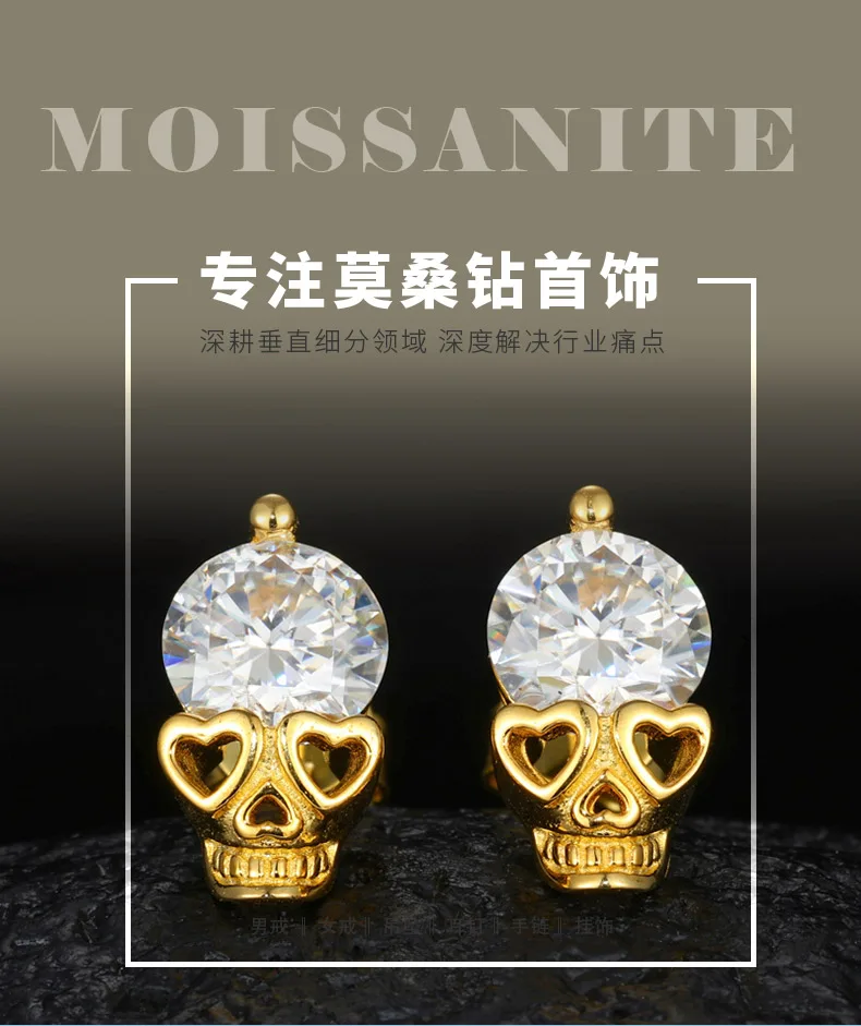 TQE0238 Silver 18K Gold Round Moissanite Hip-Hop Stud Earrings 2.0ct detail 1