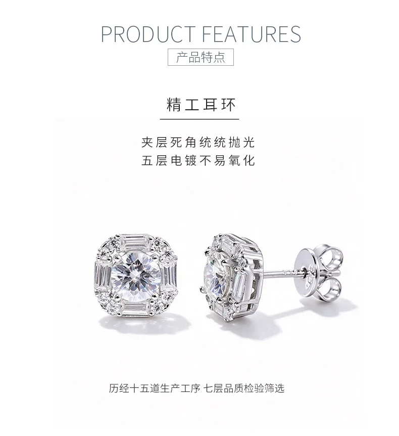 TQE0250 Silver 18K Gold Full Pavé Moissanite Square Hip-Hop Stud Earrings 1.8ct 