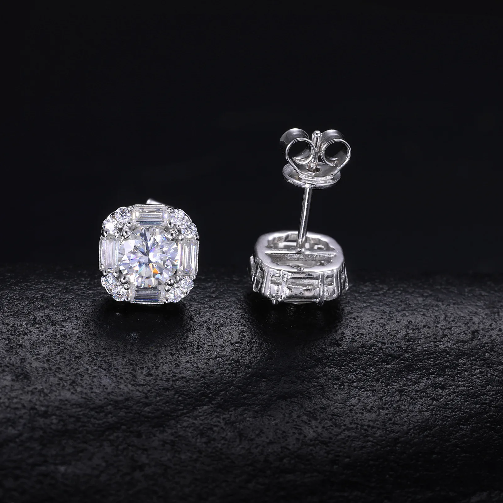 TQE0250 Silver 18K Gold Full Pavé Moissanite Square Hip-Hop Stud Earrings 1.8ct