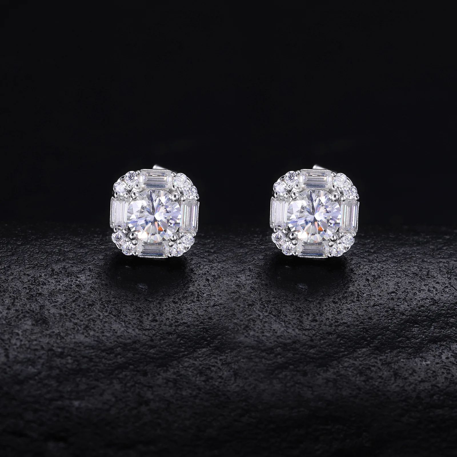 TQE0250 Silver 18K Gold Full Pavé Moissanite Square Hip-Hop Stud Earrings 1.8ct