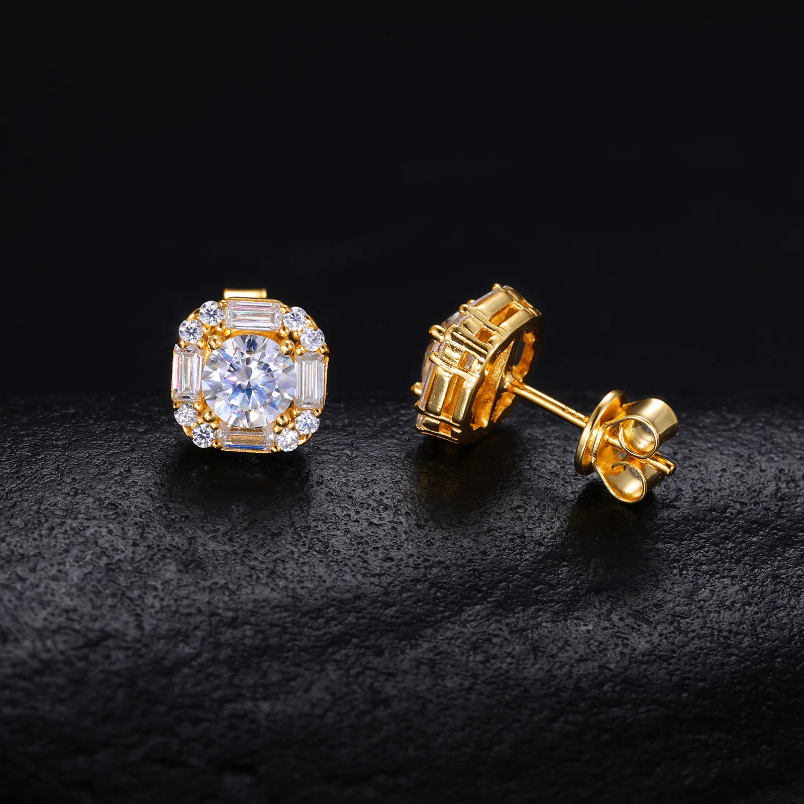 TQE0250 Silver 18K Gold Full Pavé Moissanite Square Hip-Hop Stud Earrings 1.8ct