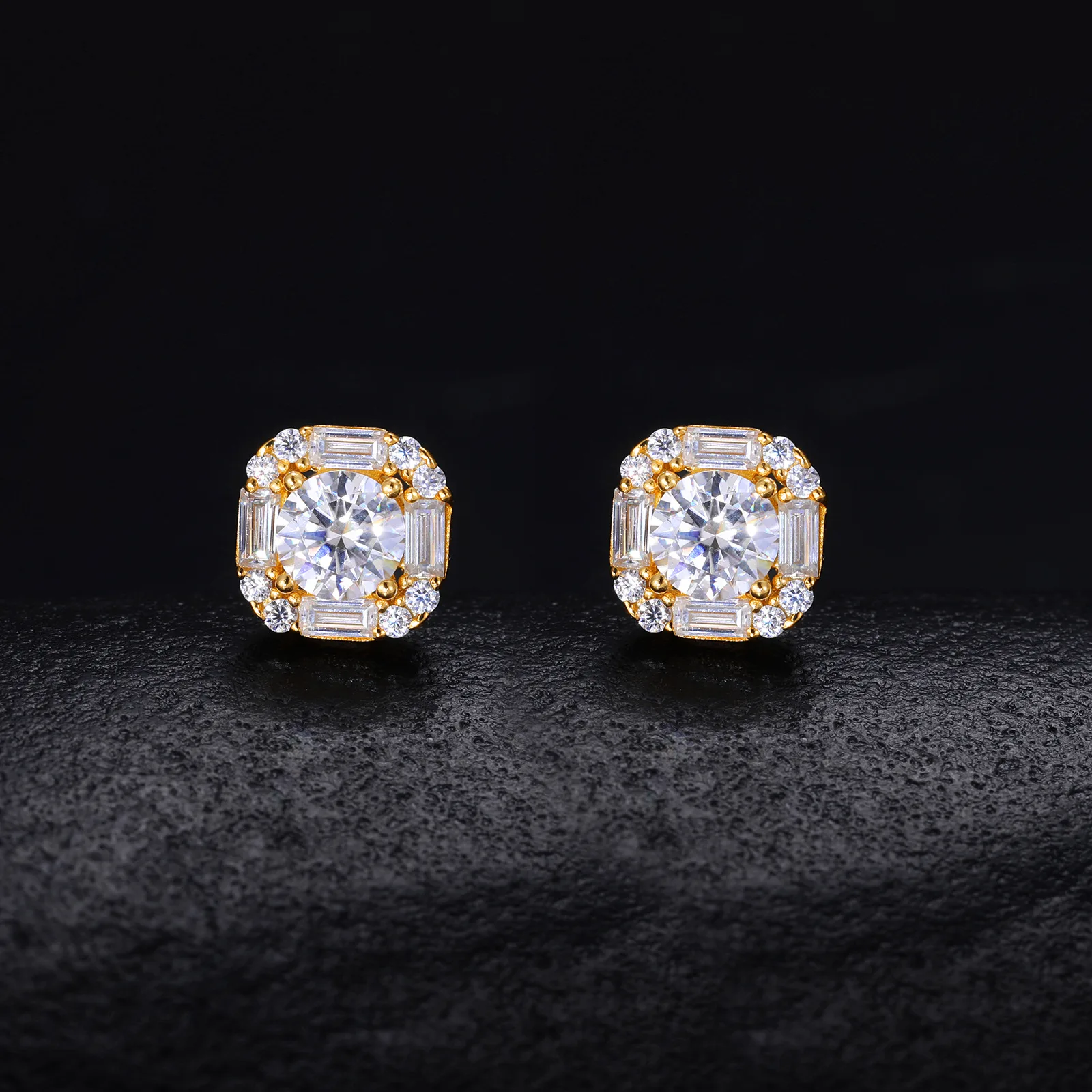 TQE0250 Silver 18K Gold Full Pavé Moissanite Square Hip-Hop Stud Earrings 1.8ct