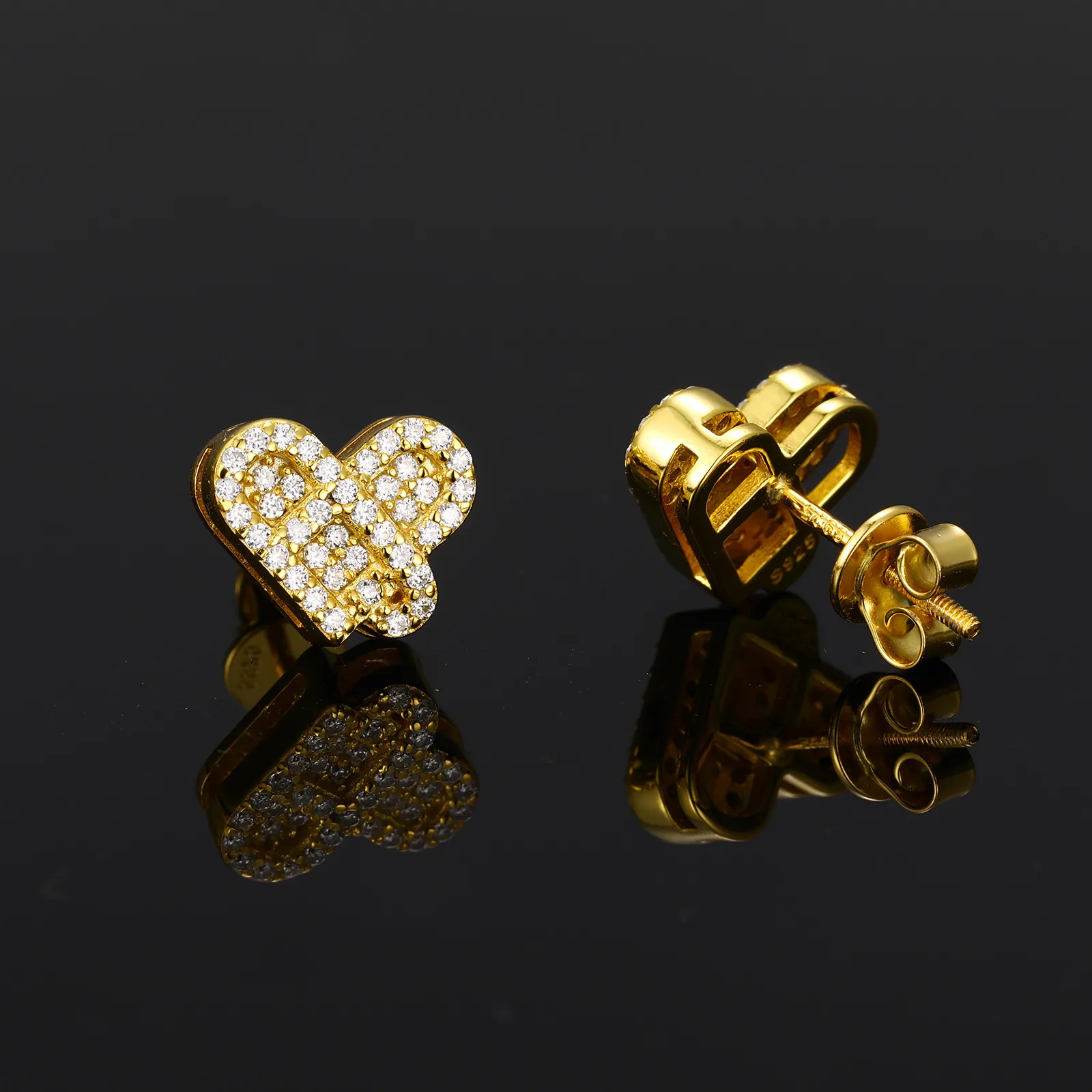 TQE0594 Silver 18K Gold Moissanite Heart Hip-Hop Stud Earrings 0.4ct
