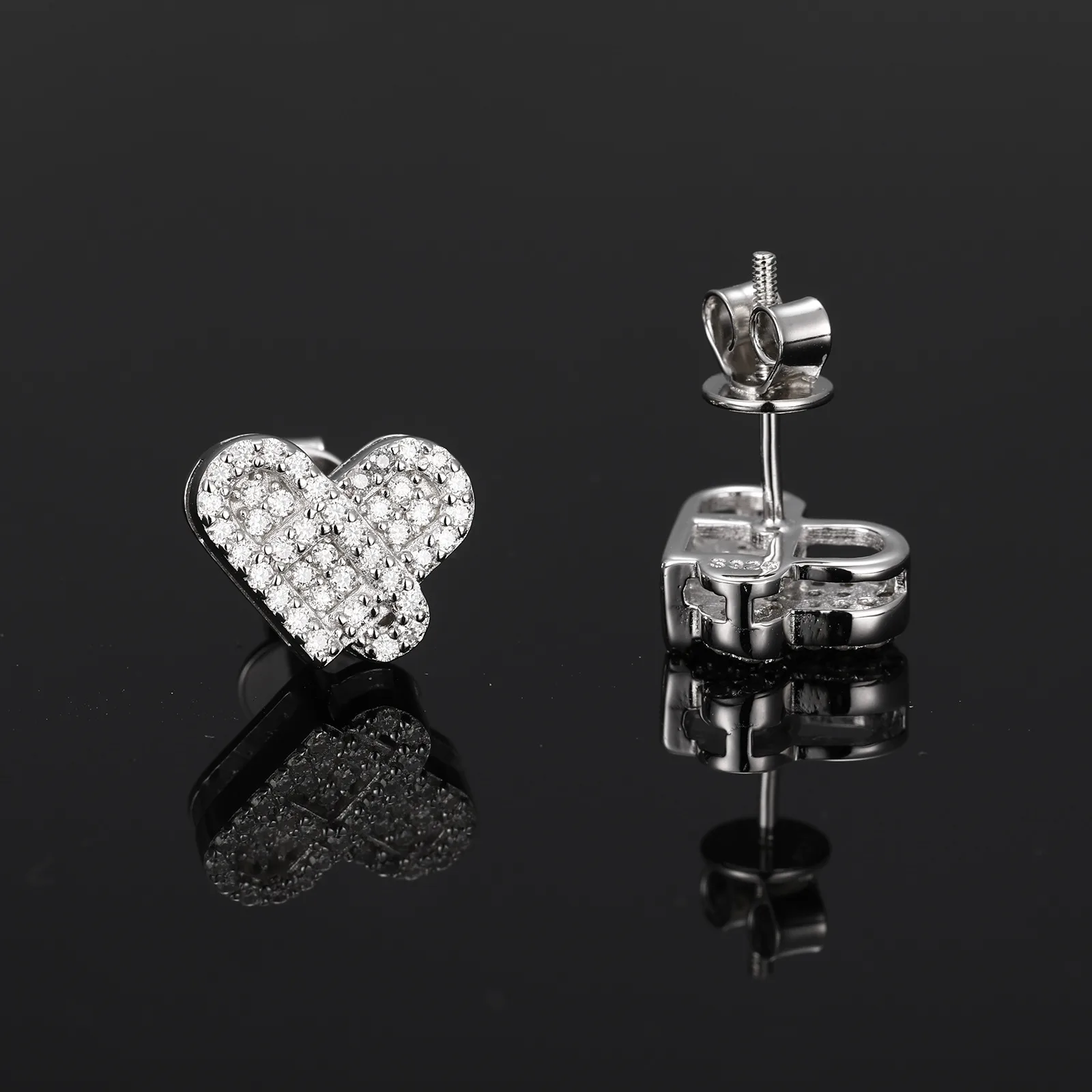 TQE0594 Silver 18K Gold Moissanite Heart Hip-Hop Stud Earrings 0.4ct