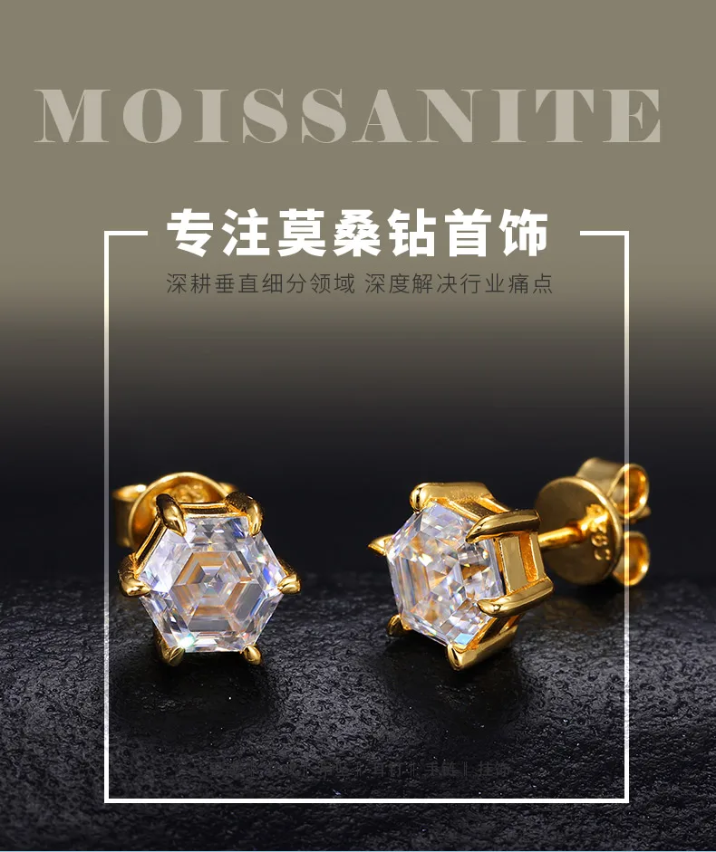 TQE0545 Silver 18K Gold Moissanite Hip-Hop Stud Earrings Center Stone 6.6mm deta