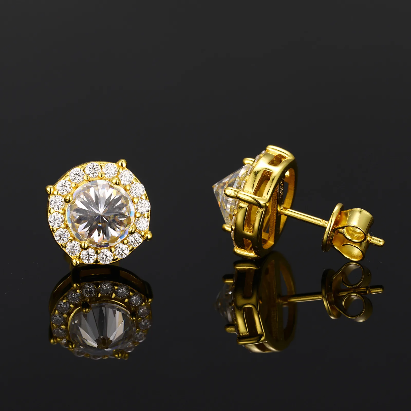 TQE0579 Silver 18K Gold Round Moissanite Hip-Hop Stud Earrings 2.48ct