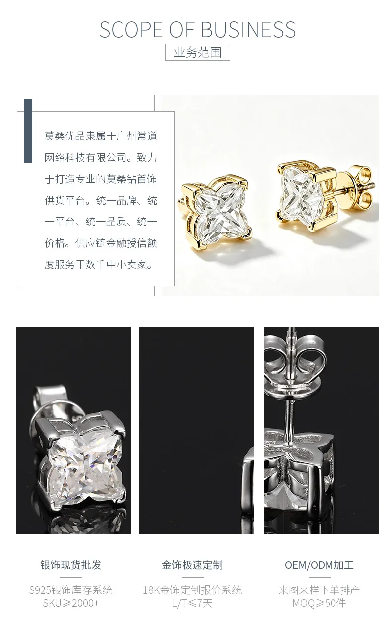 TQE0588 Silver 18K Gold Personality Flower Moissanite Hip-Hop Stud Earrings 0.8c