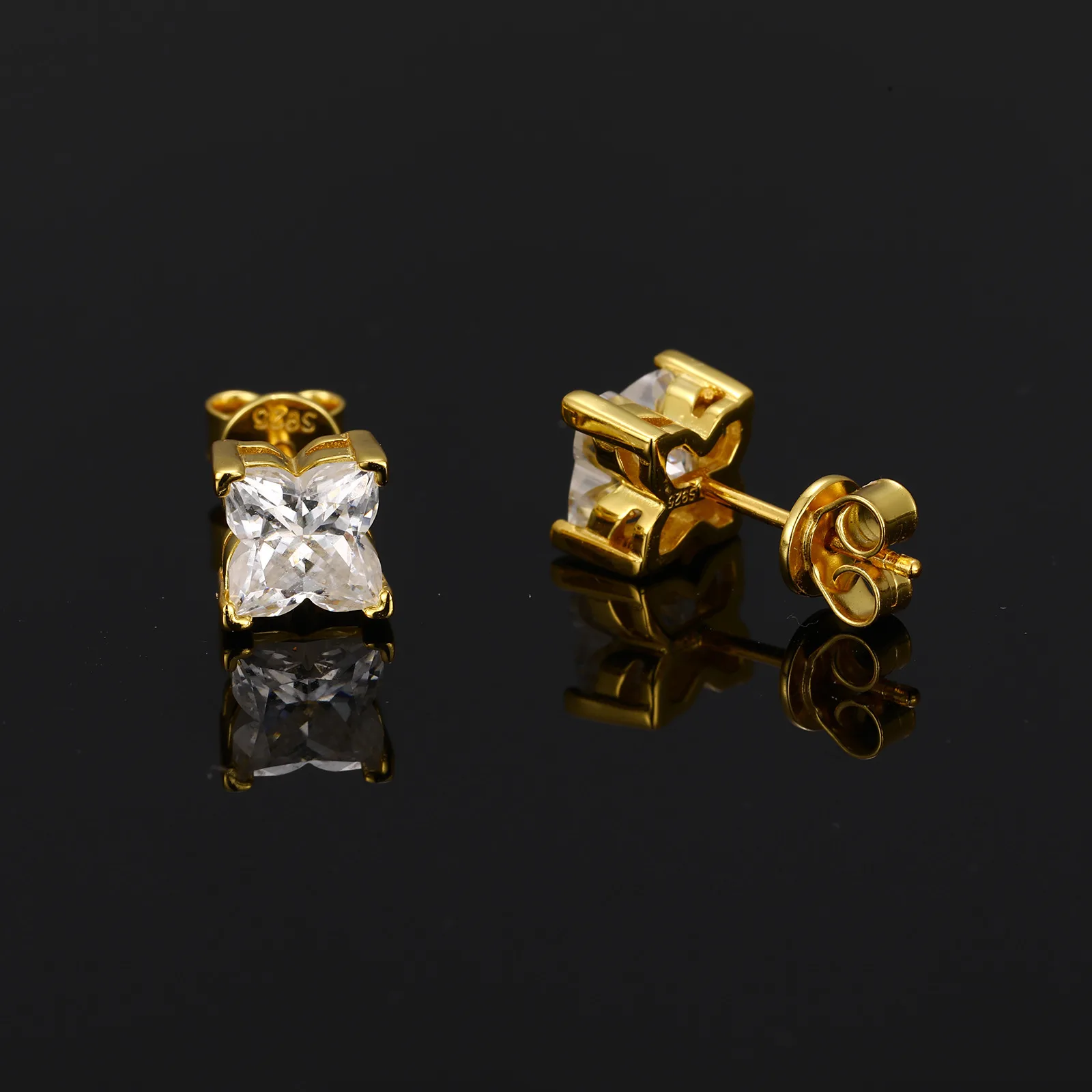 TQE0588 Silver 18K Gold Personality Flower Moissanite Hip-Hop Stud Earrings 0.8ct*2