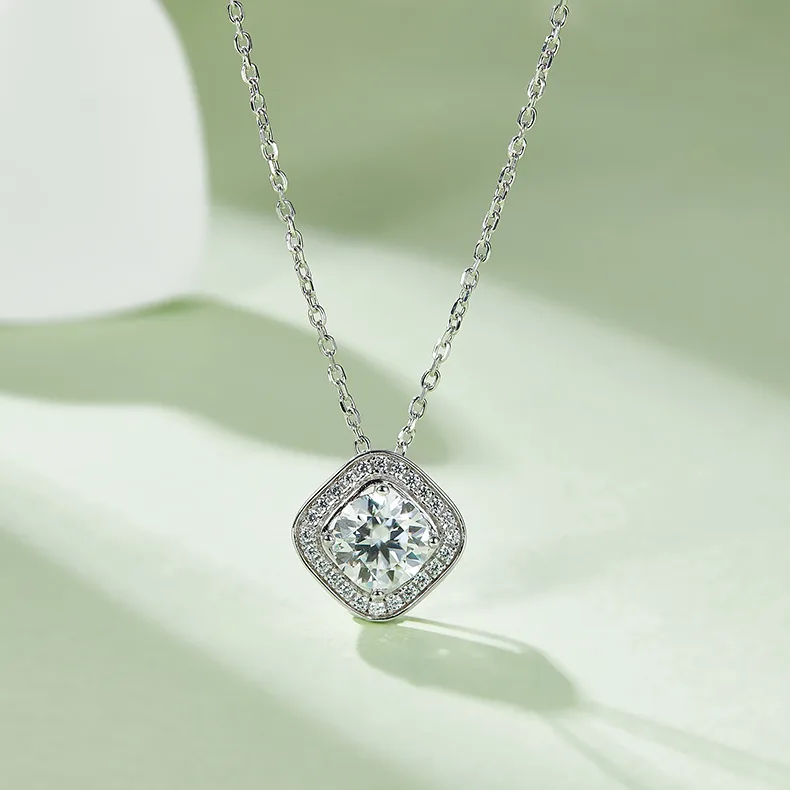 Deluxe Square Bezel S925 White-Gold-Plated Silver Moissanite Pendant Stud Earrings Jewelry Set