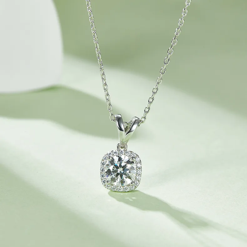 Classic Square Bezel S925 White-Gold-Plated Silver Moissanite Pendant Stud Earrings Jewelry Set