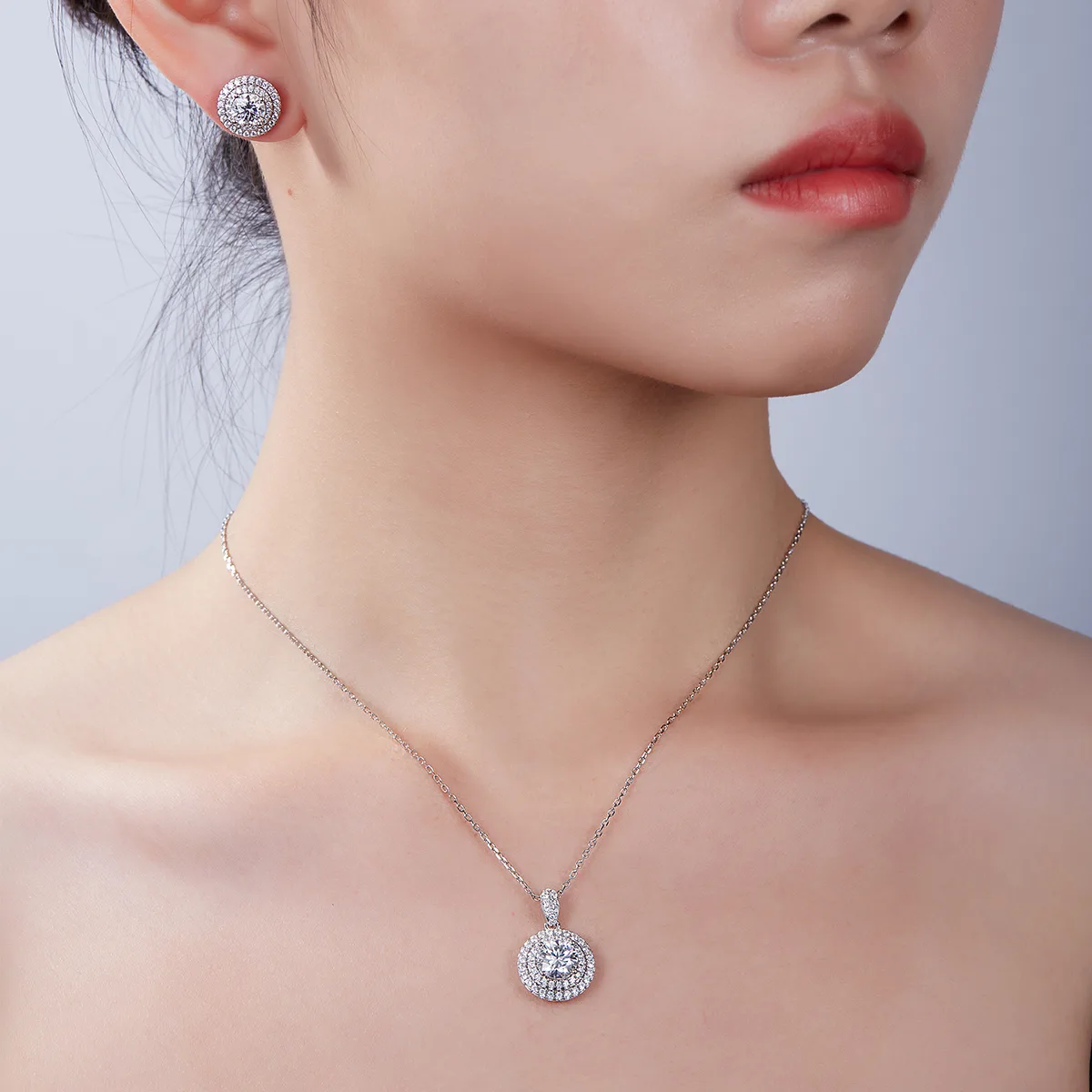 Luxury Pavé Round S925 White-Gold-Plated Silver Lab-Grown Diamond Necklace 1-2ct