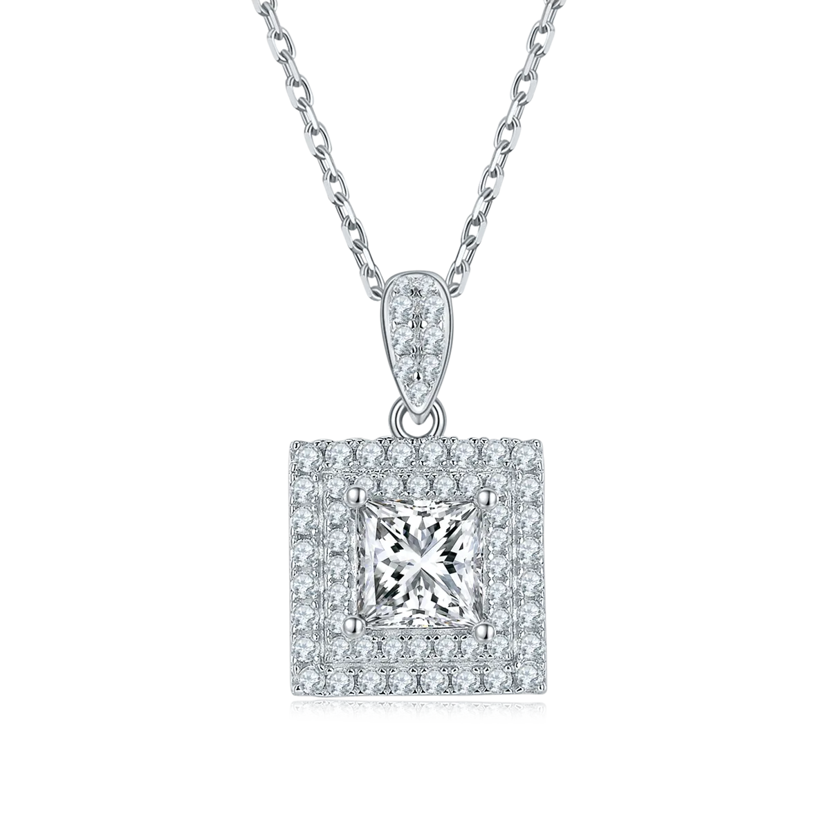 Luxury Pavé Square S925 White-Gold-Plated Silver Lab-Grown Diamond Necklace 1-2ct