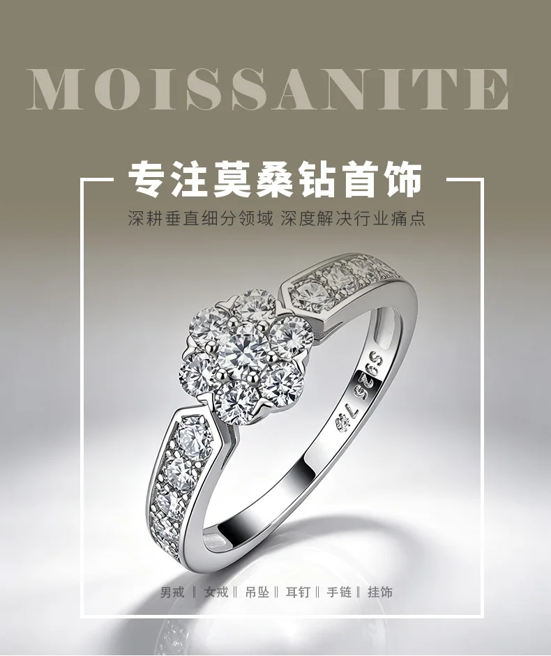 R55104 Silver 18K White Gold Round Moissanite Flower Confession Ring 0.81ct deta