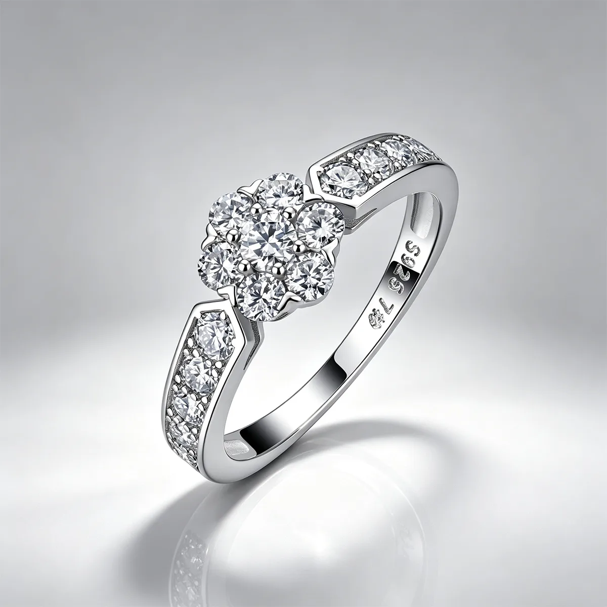 R55104 Silver 18K White Gold Round Moissanite Flower Confession Ring 0.81ct