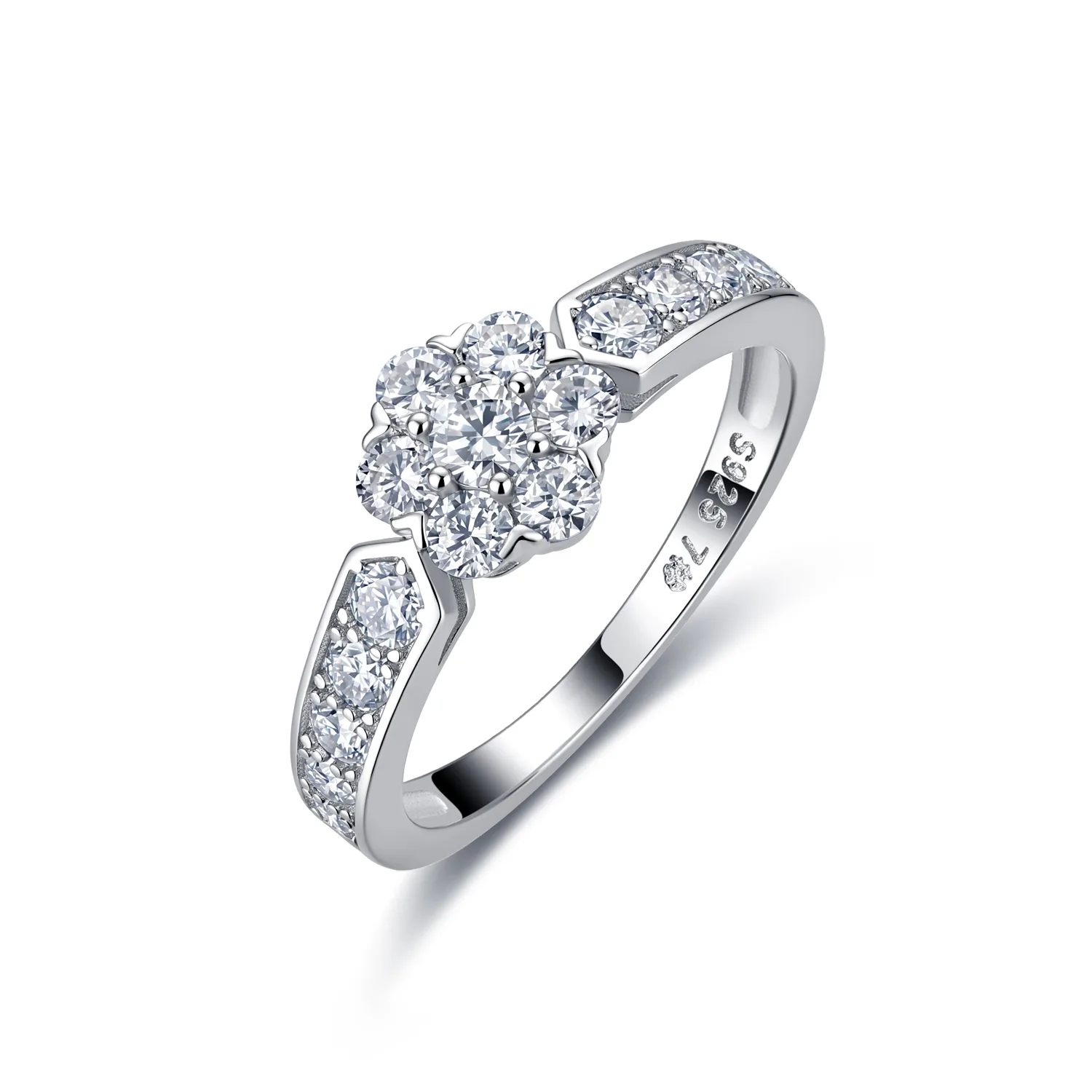 R55104 Silver 18K White Gold Round Moissanite Flower Confession Ring 0.81ct